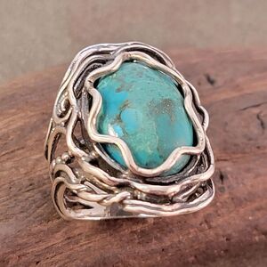 Shablool Didae Turquoise Sterling Waves Bead Filigree Ring